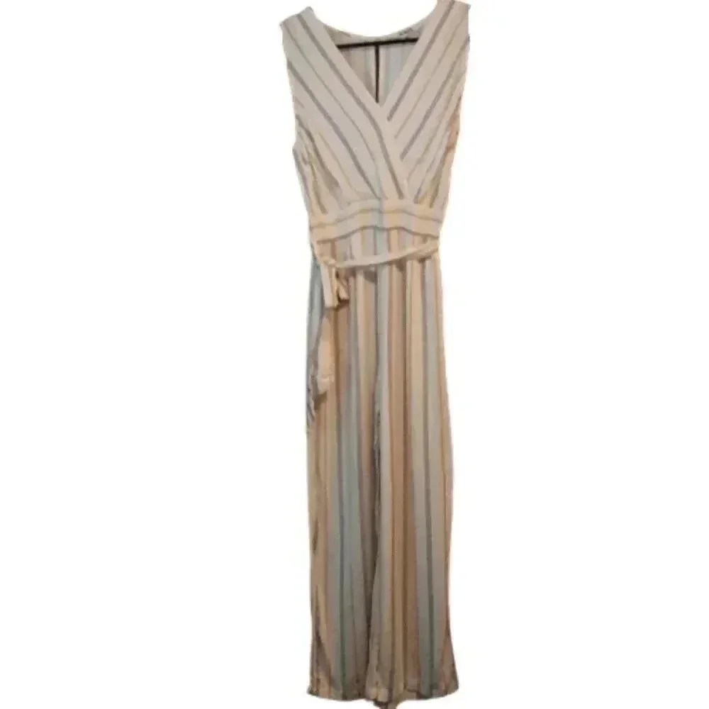 BB Dakota Rayon Belted Jumpsuit -‎ Stripes - White Multi/Ivory
